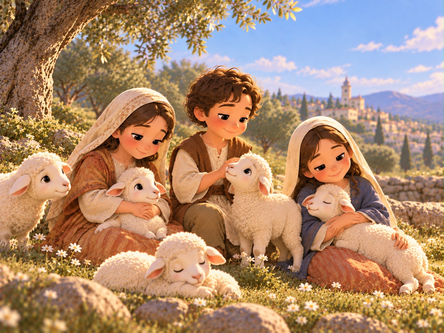 Les trois enfants avec leurs moutons
